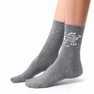 Skarpety damskie bawełniane - COMET - SILVER FLOWER - szare - Steven         