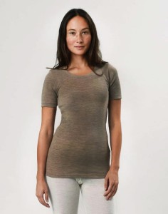 Koszulka damska z wełny merynosów (100%) - krótkie rękawy - ciemnobeżowa - prod. DILLING 