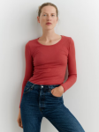 Koszulka damska z wełny merynosów (100%) - długie rękawy - delikatny ściągaczowy splot - czerwień retro - prod. DILLING     
