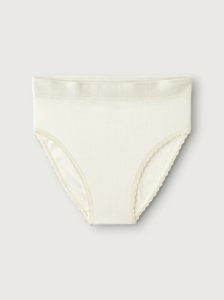 Majtki damskie z mieszanki wełny merynosów (70%) i jedwabiu (30%) - dzianina ażurowa "pointelle" - wyższy stan - kremowe - prod. DILLING  