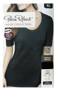 Koszulka damska z wełny merynosów (55%) - krótkie rękawy - granatowo-szary melanż - prod. Pierre Robert